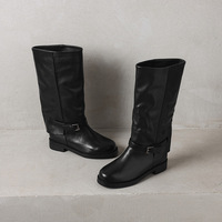 Bottes d'équitation d'hiver montantes en cuir véritable à bout rond, talon interne, à enfiler avec boucle