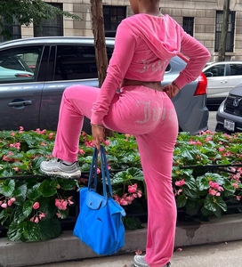 Tùy Chỉnh Kim Cương Hai Mảnh Velour Phụ Nữ Áo Và Jogger Tracksuit Set Hợp Thời Trang Phụ Nữ Giản Dị Rhinestone 2 Mảnh Nhung Bộ - Product Image 3