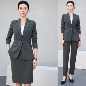 Women's Suit Set Gray Wool Blend Three Quarter Sleeve Anti-Wrinkle Office Lady Work Uniform Commuting Formal Wear - Product Image 1