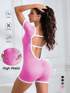 Combinaison de yoga côtelée sans coutures pour femme, coloris assortis, effet push-up, séchage rapide, respirante, en nylon et élasthanne, col en V, pour le sport - Product Image 6