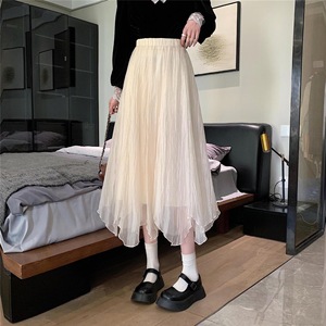 Women's Chiffon Skirt Elastic Waist Irregular Hem Breathable Spring Summer Wear Apricot Black - Product Image 2