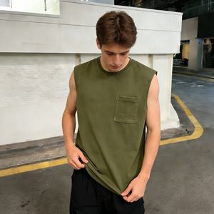 Chaleco sin mangas personalizado de algodón 100% de alta calidad para hombre, con bolsillo, precio bajo, TKAN998D, verde oliva, para gimnasio y ropa urbana. - Product Image 1