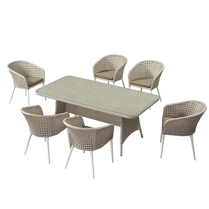 Juego de mesa de comedor de fábrica, juego de sillas y mesas de té de ratán de mimbre de 6 asientos, muebles de jardín