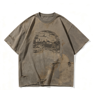 T-shirt Homme Personnalisé Kornit Digital Print 100% Coton Épais Coupe Ample Vintage Effet Délavé Usé et Déchiré Wasteland Dirty
