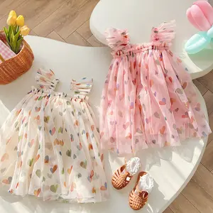 Children'S Clothes Fluffy Skirt Girls' Love Suspender Skirt Sleeveless Baby Mesh Vest Dress