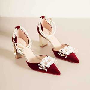 7500H-003 <b>Red</b> Velvet Heeled Sandals Pointed Toe Mid <b>Heel</b> Flower Decorated Bridal Wedding Shoes Comfortable Women Back Strap - Product Image 1
