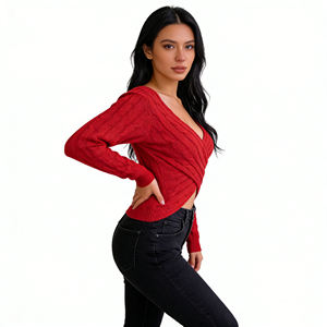 Nouveau <span class=keywords><strong>Pull</strong></span> Tricoté Femme 2026 Col V Croisé <span class=keywords><strong>Sexy</strong></span> Manches Longues Couleur Unie Décontracté Automne Printemps - Product Image 5