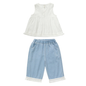 Tenue d'été deux pièces pour petite fille, haut sans manches en coton avec bordure en dentelle et pantalon court en jean léger, ensemble décontracté doux et respirant pour - Product Image 5