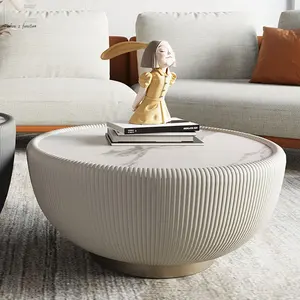 Nouveau design de meubles de salon table basse ronde moderne en pierre frittée avec socle en acier inoxydable