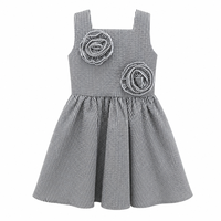 Robe d'été sans manches en coton poly seersucker à rayures fines pour filles avec fleurs 3D en forme de rosette et col carré, vente en gros personnalisée pour enfants