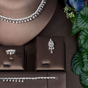 HIBRIDE moda AAA CZ gota de agua collar pendientes conjunto adecuado para novia boda joyería conjunto collar conjuntos mujeres - Product Image 3