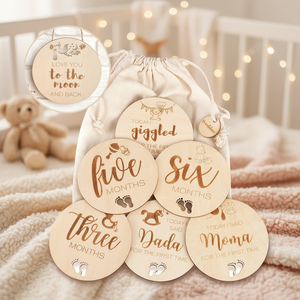 Cartes de développement mensuel pour bébé en <span class=keywords><strong>bois</strong></span> écologiques - 24 designs uniques ronds recto-verso avec panneau d'annonce de naissance - Product Image 2