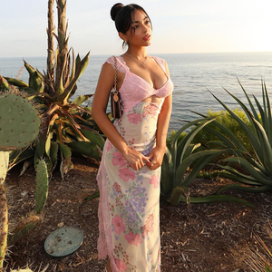 Vestido Maxi de Verano para Mujer con Estampado Floral, Malla y Parches, Cuello en V, Ribete de Encaje, Sin Mangas, Ajuste Delgado, Ideal para Vacaciones - Product Image 5