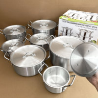 Ensemble de Batterie de Cuisine Classique 14 Pièces en Aluminium Brossé, avec Casserole et Couvercle, Marmite QQ pour la Préparation de Plats Mijotés