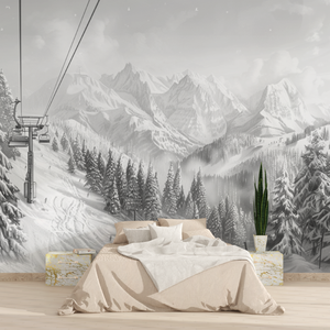 Carta <span class=keywords><strong>da</strong></span> Parati Murale con Paesaggio Atmosferico di Montagne Innevate e Design con Teleferica per Decorazione di Interni di Casa, Camera <span class=keywords><strong>da</strong></span> Letto e Hotel - Product Image 3