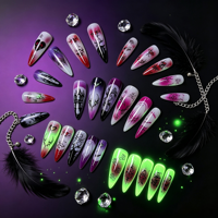 Boîte de rangement à 4 compartiments pour faux ongles Halloween à presser, impression 3D, phosphorescents, longs, forme Stiletto, style gothique, pour déguisements de fêtes
