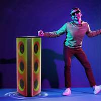 Nouvelle Enceinte Portable sur Chariot avec Moule Exclusif, Woofer 6,5 pouces, Effet Lumineux Flamme, Micro, pour Home Cinéma et Karaoké, Boîtier en Bois