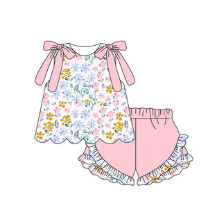 GSSO3388 Conjunto de ropa de verano para niña pequeña con estampado de flores y rayas amarillas, venta al por mayor, conjunto de ropa infantil de manga corta para niña - Product Image 5