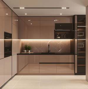 Meubles de cuisine complets de luxe en contreplaqué laqué brillant en forme de L, design de rendu gratuit haut de gamme - Product Image 2