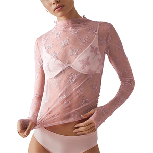 Haut en maille imprimé floral en dentelle pour <span class=keywords><strong>femme</strong></span>, tendance, à prix abordable, avec col montant et logo frontal, idéal pour l'été, l'automne et le printemps - Product Image 1