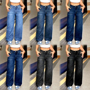 <span class=keywords><strong>Pantaloni</strong></span> in denim elasticizzato da <span class=keywords><strong>donna</strong></span>, personalizzabili, a <span class=keywords><strong>vita</strong></span> <span class=keywords><strong>alta</strong></span>, vestibilità dritta e ampia, di <span class=keywords><strong>alta</strong></span> qualità, casual e graziosi, per lavaggio, servizio OEM/ODM, taglie forti - Product Image 1