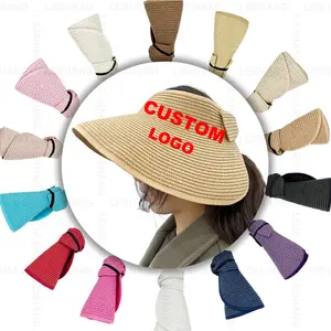 Chapeau de soleil pliable uni pour femmes, 14 couleurs, avec nœud papillon enroulable, visière en paille, logo personnalisé UPF 50 +