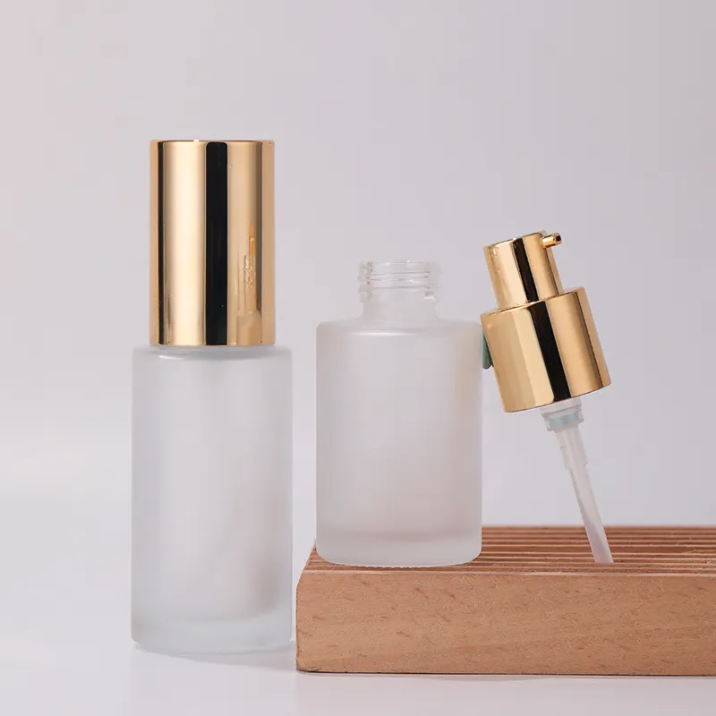 20ml 30ml 40ml 60ml Frosted Glass Pump Bottle Face Serum Lotion Cosmetic Foundation Glass Bottle with Gold Pump