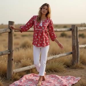 Venta al por mayor viscosa rojo túnica Casual mujer Kurti elegante manga larga túnica Top para damas elegante Ropa Étnica - Product Image 4