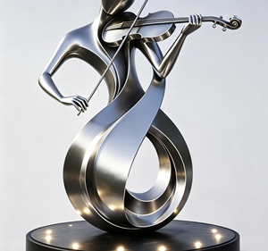Sculpture d'extérieur abstraite artistique moderne et traditionnelle en acier inoxydable poli miroir, représentant une main tenant une sphère. - Product Image 5