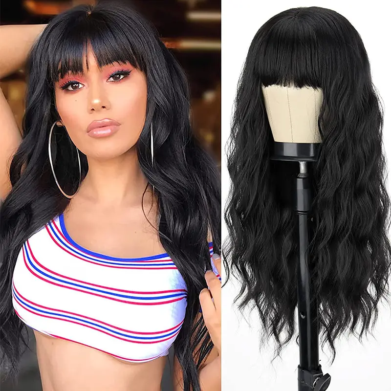 Hot 26inch big wave wig female natural black long curly hair Qi bangs chemical fiber head cover natural hair wig