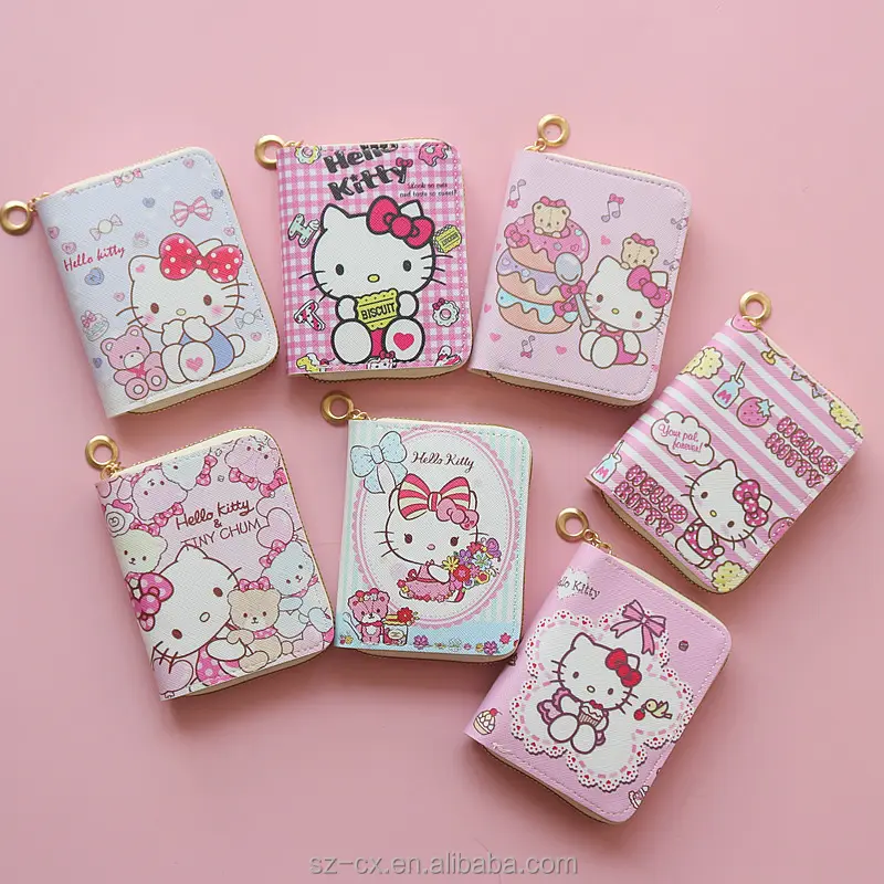 cute cartoon pink kitty print short wallet cash coin zipper bag credit card holder pu leather mini coin purse for girls women