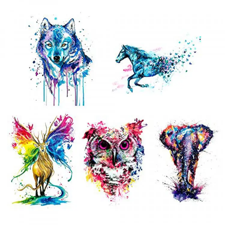 5 Sheets Watercolor Body Temporary Tattoo Sticker Wolf Elephant Picture Design Leg Arm Art Sexy