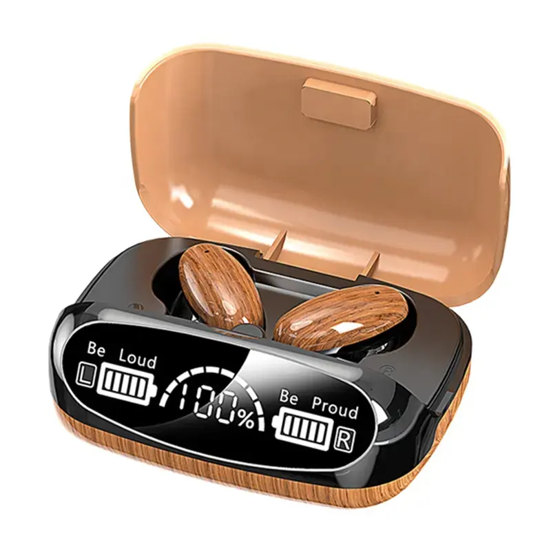 Auriculares M35 inalámbricos TWS Bluetooth con pantalla de energía móvil de número de grano de madera marrón sin retraso auriculares con reducción de ruido