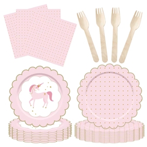 Fournitures de fête d'anniversaire pour enfants DAMAI, thème licorne rose, vaisselle jetable ronde pour filles, serviettes en papier, gobelets, assiettes - Product Image 3