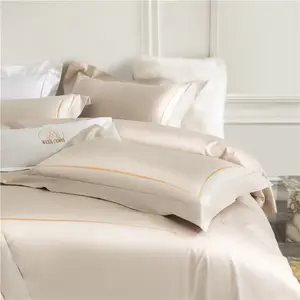 Conjuntos de cama de luxo com bordados, 100% algodão, cor sólida, design de lençol de cama, conjunto de edredon de uso em hotel