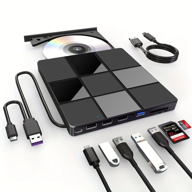 Latest 7-in-1  External Optical Drive with HUB and USB Flash Disk Player SD/TF Card Reader  DVD CD burner for Laptop