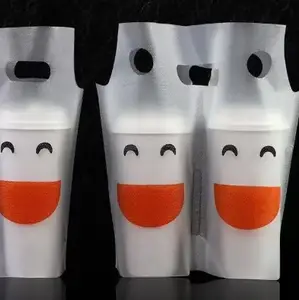 Custom Logo Packaging Takeaway Cup Carrier Printed Bubble Tea PP/PLA Bags Boba Cup Holder Plastic Bag