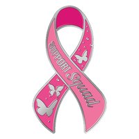 Vente en gros directe usine : Badges de revers en métal estampé, ruban rose de sensibilisation au cancer du sein, impression typographique argentée