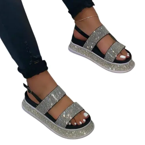 2022 New Summer Lady Flat Woman Designer Luxury Slippers Custom Wholesale Trendy Casual Women Rhinestone Platform Sandals