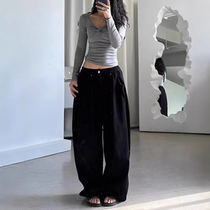 Pantalon de sport rétro américain pour femmes, printemps et automne, style décontracté tendance, pantalon ample à jambes larges, taille haute décontractée - Product Image 4