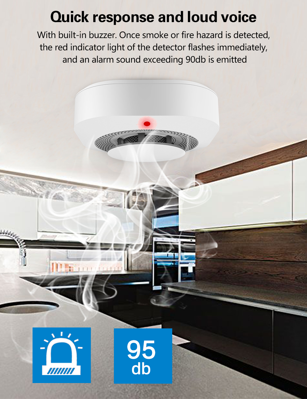 WiFi smart smoke fire detection sensor security alarm system Tuya APP remote control wireless fire alarm sensor
