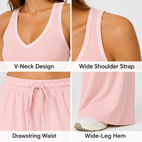 Conjunto de Dos Piezas Personalizado para Mujer, Top Corto con Cuello en V Acanalado, Pantalones Anchos con Cordón, Suaves y Elásticos, para Uso Diario Informal