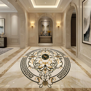 Médaillon ovale en mosaïque de <span class=keywords><strong>marbre</strong></span> avec bordure à motif grec et volutes florales, incrustation de <span class=keywords><strong>marbre</strong></span> découpée au jet d'eau sur mesure pour la décoration de hall d'entrée de villa - Product Image 1