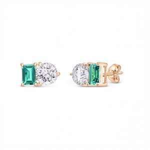 Luxury Round & Emerald Lab Grown Diamond <b>Stud</b> Earrings with 925 Sterling Silver <b>Titanium</b> 10K 14K 18K Gold Elegant Fine Jewelry - Product Image 2