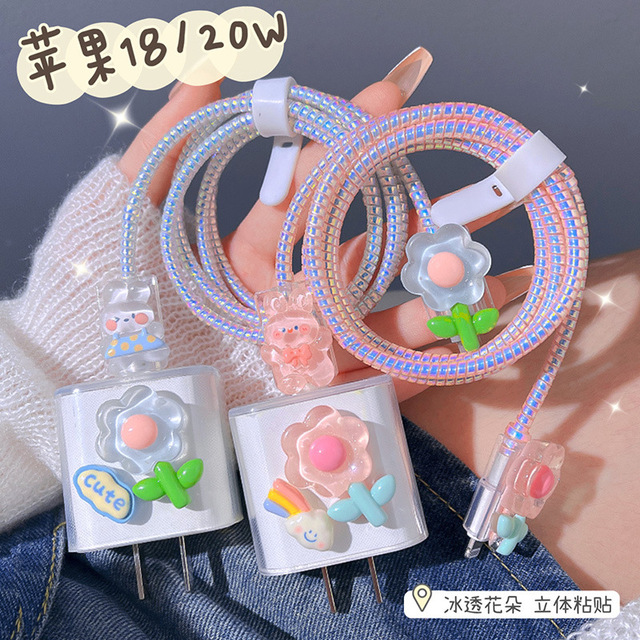 Fashion 3D Little Bear Flower Transparent Silicone Charger Protector Cover for IPhone 13 14 18W 20W Fast Charger Power Adapter