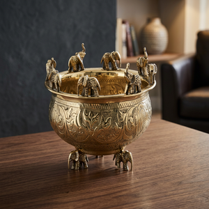 High Quality Brass Urli Bowl Decorative <b>Elephant</b> Accent Ethnic Indian Home <b>Decor</b> Wedding Celebrations Religious Festivals - Product Image 2