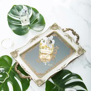 矩形金塑料树脂装饰透明玻璃镜子虚荣礼品托盘婚礼香水化妆品存储服务托盘