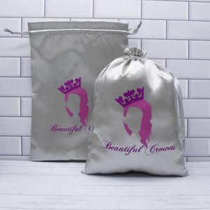 Luxury Custom logo Large Silver Satin Wig Bag <b>Drawstring</b> Satin Hair Packing <b>Pouch</b> - Product Image 4