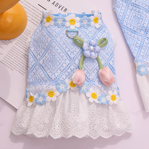 Weiwang Summer Dog Dress Blue <b>Mesh</b> Lace <b>Skirt</b> With Flowers For Small Dogs Bichon Frise Pomeranian - Product Image 1