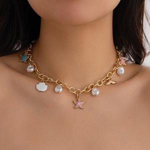 Sweet Simulation <strong>Pearl</strong> Starfish Fish Tail <strong>Pendant</strong> Choker <strong>Necklace</strong> for Women Gold Color Clavicle Chain Summer Beach Jewelry Set - Product Image 1